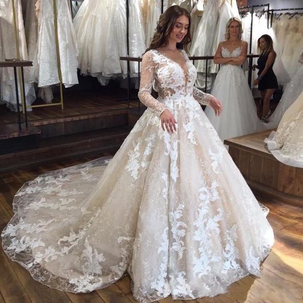 

lace a line wedding dresses deep v neck bridal dress sheer long sleeves see through wedding gowns sweep train vestidos, White