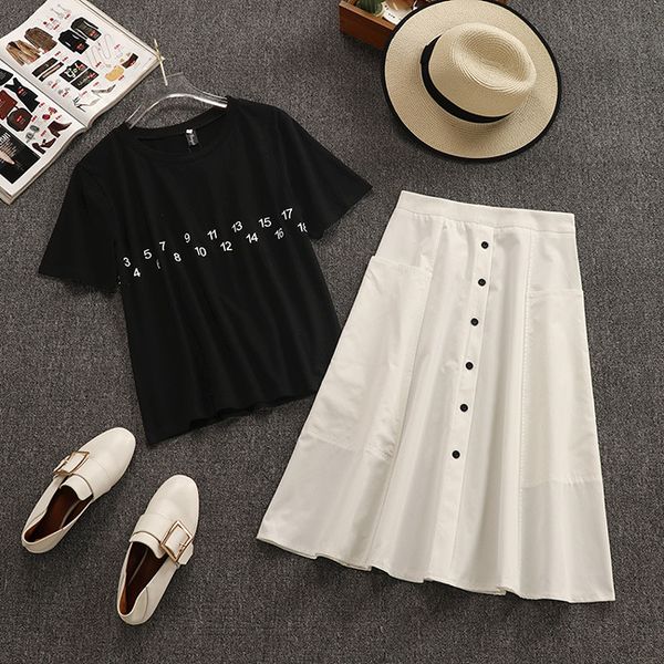 

double-sided digital print design t-shirts+single breasted pockets ruched skirts casual women's 2-pieces clothes sets, White