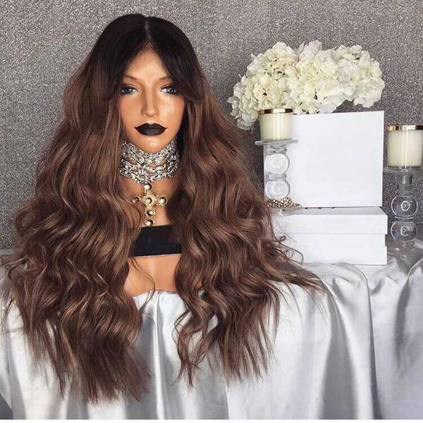 

body wave 26inch long ombre brown lace front wig with baby hair natural hairline heat resistant synthetic hair wigs for women, Black