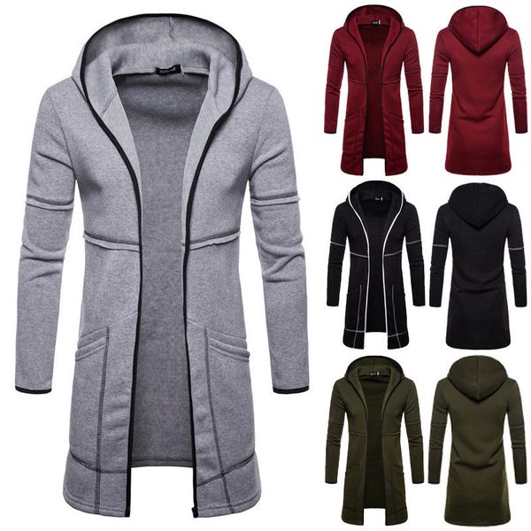 

men autumn winter hoodie warm long hooded sweatshirt casual outwear slim fit cardigans m-2xl, Black