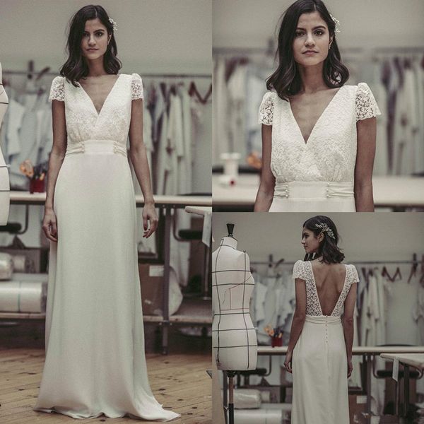 

robe vintage свадебные платья v шеи с коротким рукавом кружева applqiue шифоновое backless пляж свадебные платья простые страна свадебные пл, White