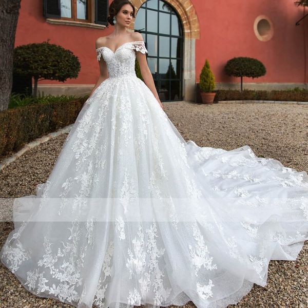 

великолепные белые арабские свадебные платья elegant off плеча линия спинки с шнуровка длинным шлейфом свадебные платья vestidos де novia pl, White