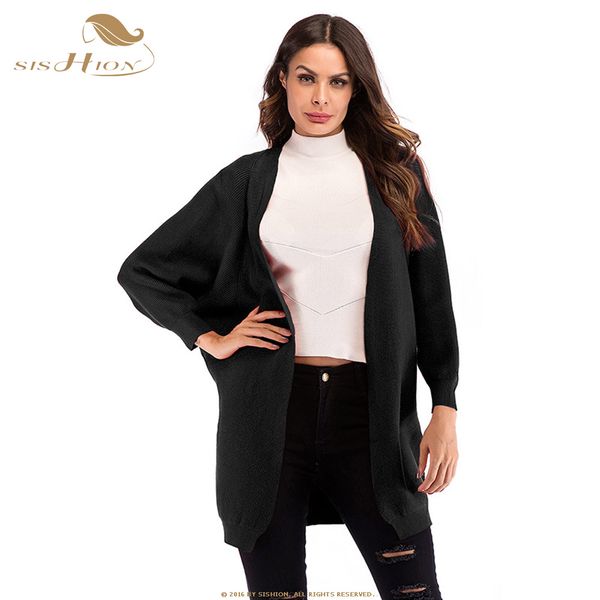 

sishion 2019 new autumn and winter women loose bat coat sleeve knit open stitch solid color long shawl jackets female sp0184, Black;brown
