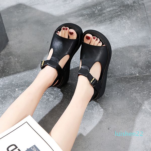 

2019 summer new women sandals women thick bottom handmade genuine leather casual flat bottom sandals platform sandals l22, Black