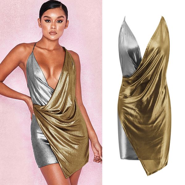

women dress color block plunge v neck sleeveless backless sequin dress cross lace up party club pleat trim bodycon, Black;gray