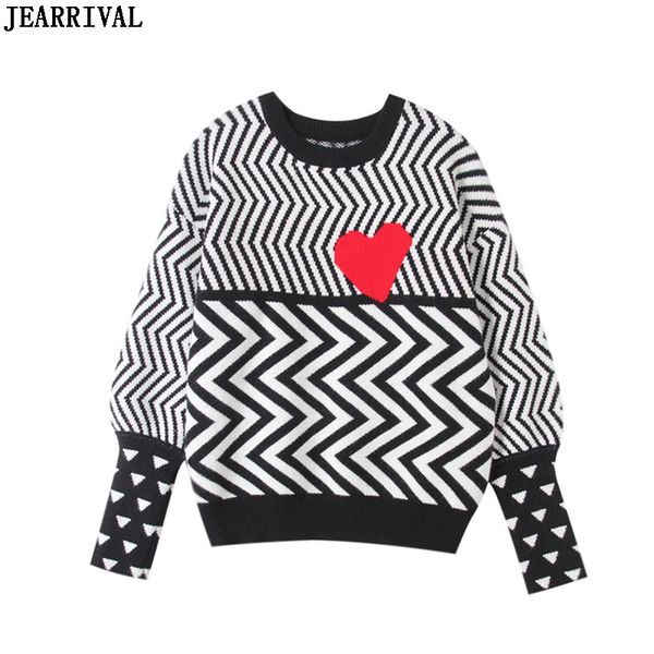 

autumn winter knitted sweater women long sleeve contrast heart striped casual pullovers jumper knitwear pull femme 2019, White;black