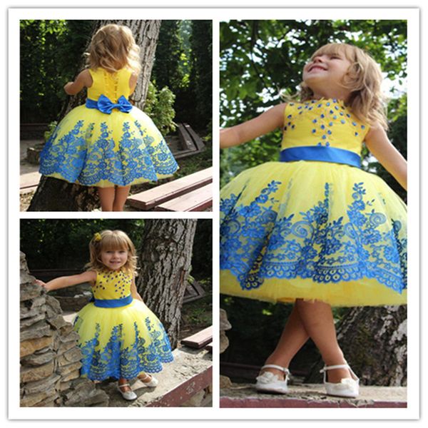 

2020 красивые желтый цветок девушка платье с голубой кружева аппликации пояса новый coming sweet little girls pageant gowns, White;blue