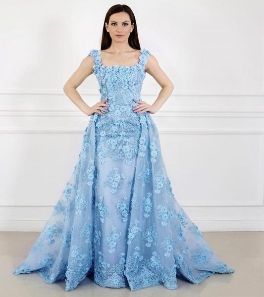 

square neck light sky blue prom dresses with detachable train full 3d floral applique beads evening gowns train plus size formal gowns, Black;red