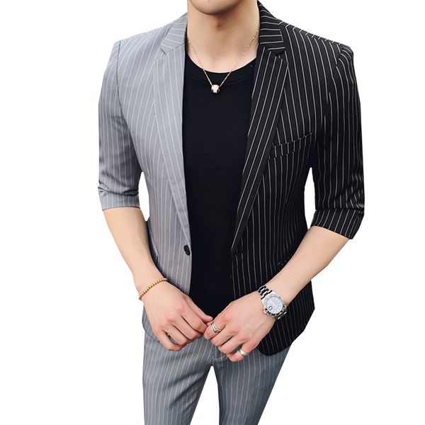 

2019 spring summer new korean men's splice suits five-point sleeves suit nine points pants striped hair stylist blazer + pants, White;black