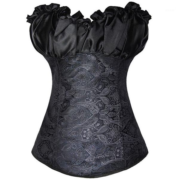 

floral embroidery overbust dance bridal corse bustiers frill jacquard brocade corset wholesale plus size lace up women ribbon, Black;white