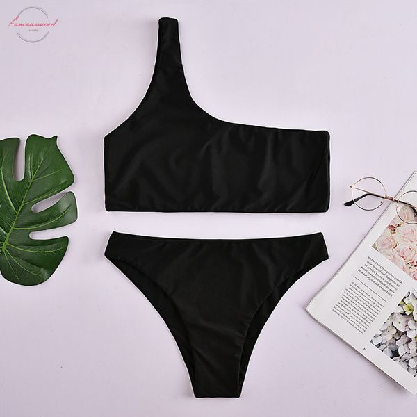 

women swimwear push up swimsuit one shoulder solid black red brazilian set 2020 biquini bathing suit beach swimming suit, White;black