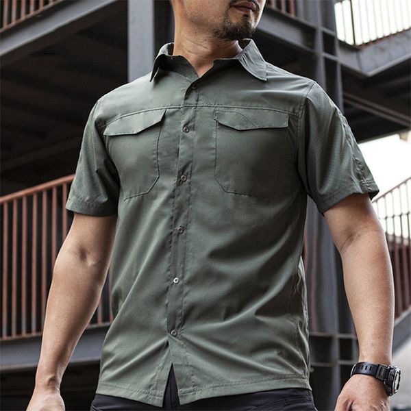 

men summer outdoor short sleeve tactical quick dry shirts breathable wear-resistant lapel shirt climbing training army fan, Gray;blue