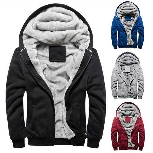 

chic men warm solid color hooded long sleeve zip up coat outwear jacket for men clothing parkas, Black