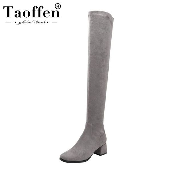 

taoffen women square toe comfortable over the knee boots zipper real leather simple stretch boots chunky heels botas size 33-40, Black