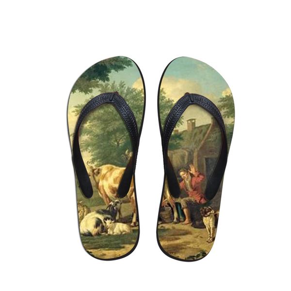 

simple design man flip flops beach anti-slip sandals casual flat anti-slip shoes country cow painting print beach shoes, Black