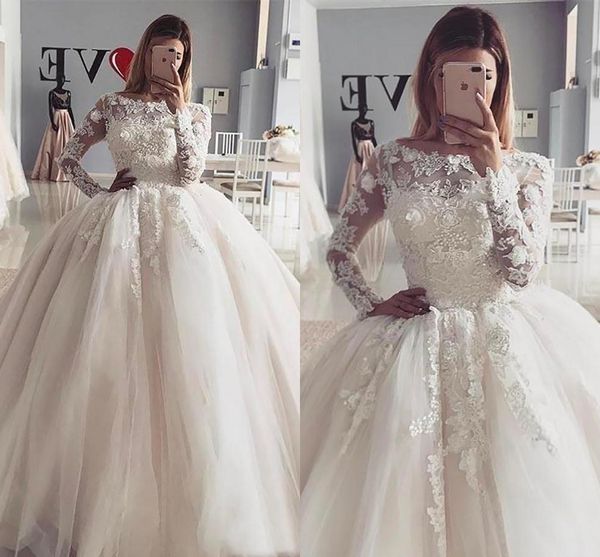 

3d floral lace appliques ball gown wedding dresses 2021 dubai arabic long sleeve bridal gowns puffy sweep train vestidos de novia al6054, White