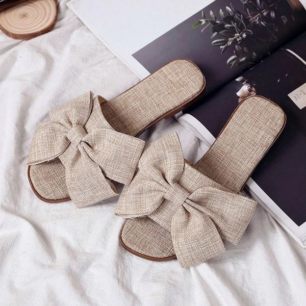 

women's summer cloth bow slippers fashion beach flat slippers flip flops non-slip female round toe beach chanclas mujer, Black