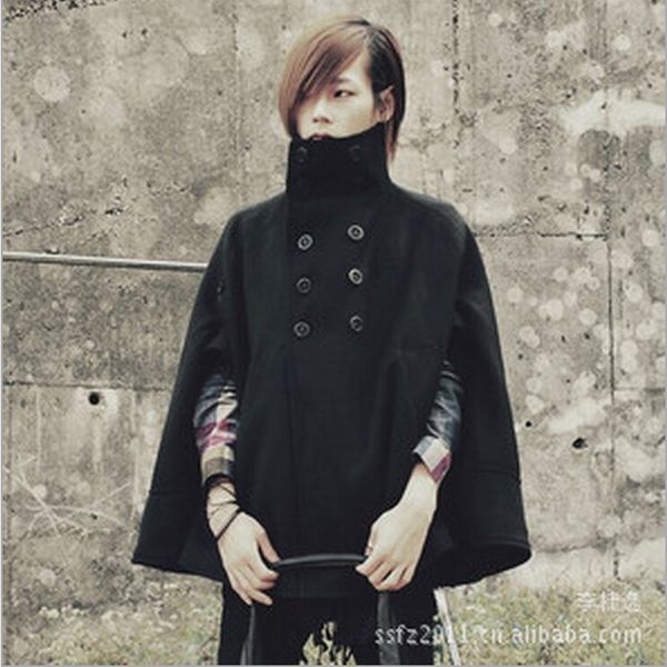 

2016 woolen outerwear men's clothing trench slim overcoat autumn winter fashion batwing sleeve cloak personality singer costumes, Tan;black