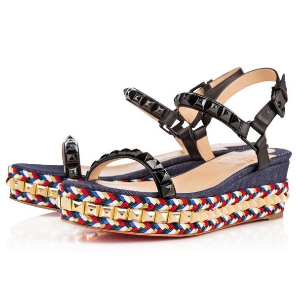 

women sandals red bottom flats little wedage shoes women's ankle strap gladiator sandals fashion studded cataclou wedages high heels, Black