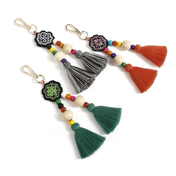 

boho wood beads keychains colorful tassel key chains for women ethnic embroidery hanging beads car bag accessories jewelry, Silver