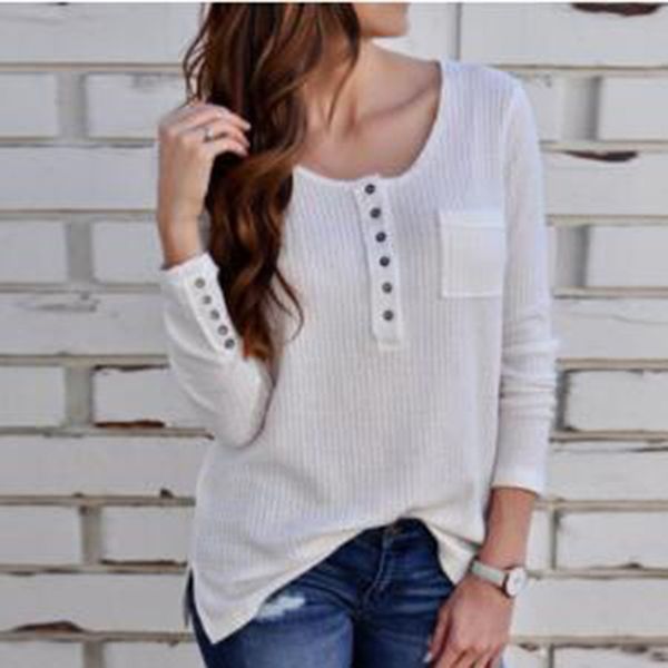 

лучшие женщины теряют длинного рукав твердой кнопки карман основных футболок топов, White