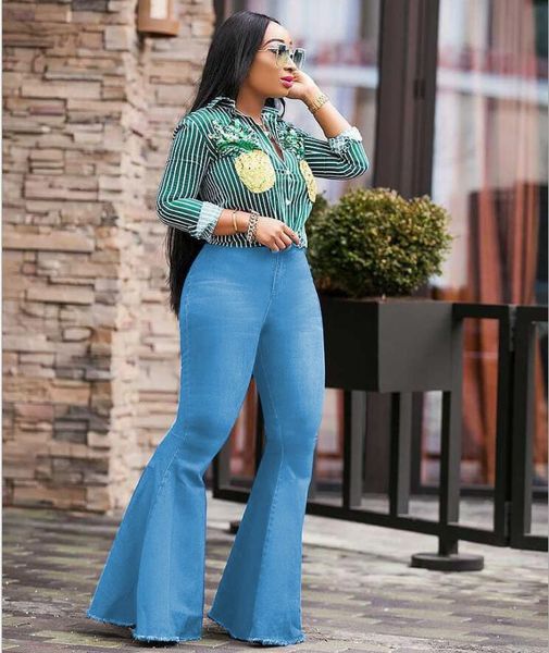 

Womens Wide Leg Jeans Fashion Big Bell Bottom Pants Retro Female Denim Clothing Button Casual Apparel