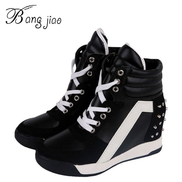 

bangjiao new 2018 rivets black white hidden wedge heels casual shoes women's elevator high-heels boots for women
