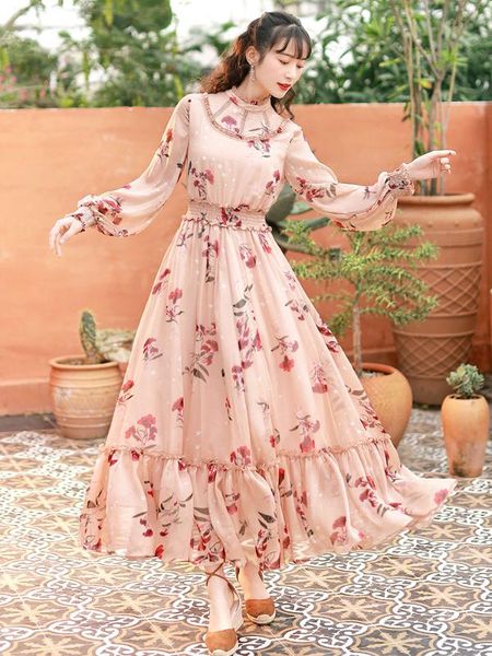 

boshow 2020 new bohemian women long maxi long sleeve spring s-l ruffles chiffon big hem flower print dresses, Black;gray