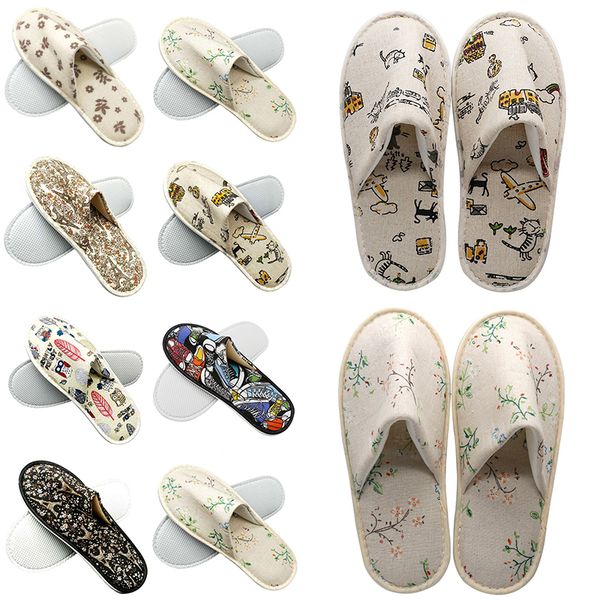 

1 pair portable flower cartoon printed slippers l room beauty salon spa linen slippers wholesale, Black