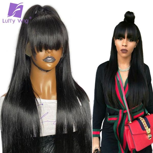 

200 density brazilian straight lace front wig with bangs for women 13x6 fake scalp human hair wigs bleached knots remy luffy, Black;brown