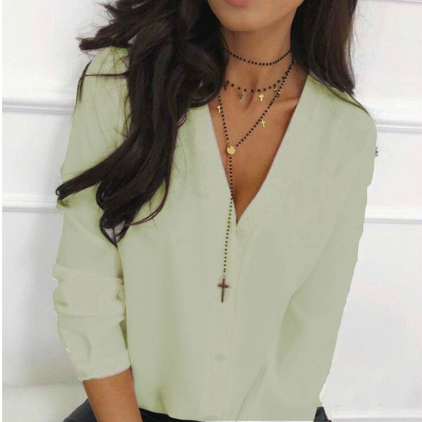 

2019 autumn office lady front button women and blouses long sleeve v neck soild shirt ladies new fashion women, White