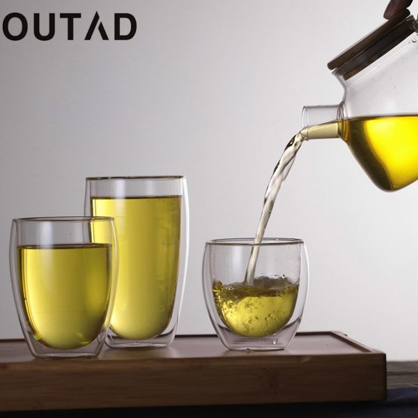 

outad 250ml/350ml/450ml double layer wall clear glass cup + bamboo lid heat resistant coffee milk thermal insulation mug