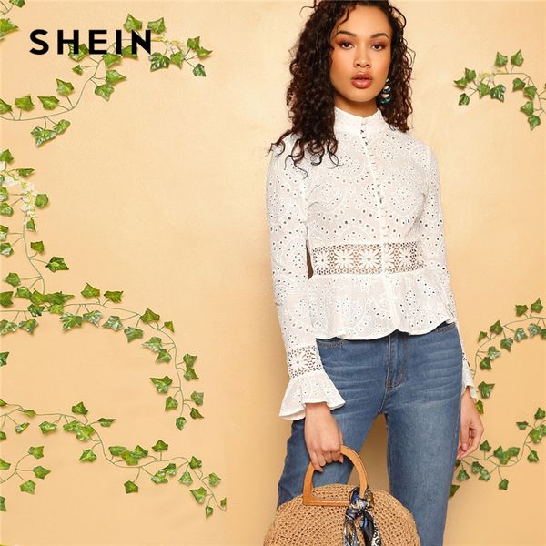 

shein white guipure lace insert embroidered eyelet peplum blouse women long sleeve slim fit office lady boho blouses