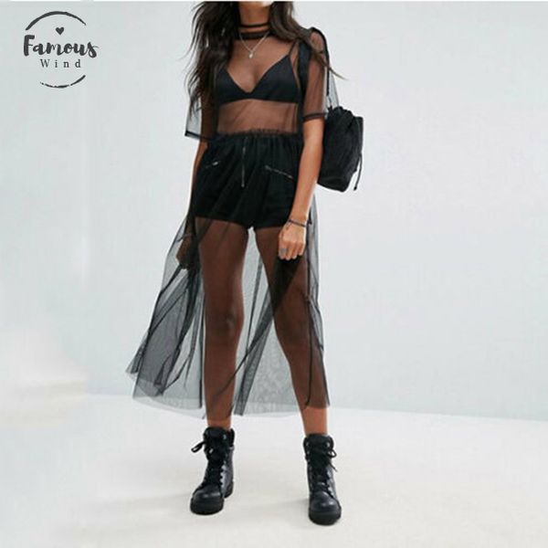

women see through mesh long blouse cover up shirt dress sheer cover up tulle lace transparent streetwear blusas tee, Black;gray