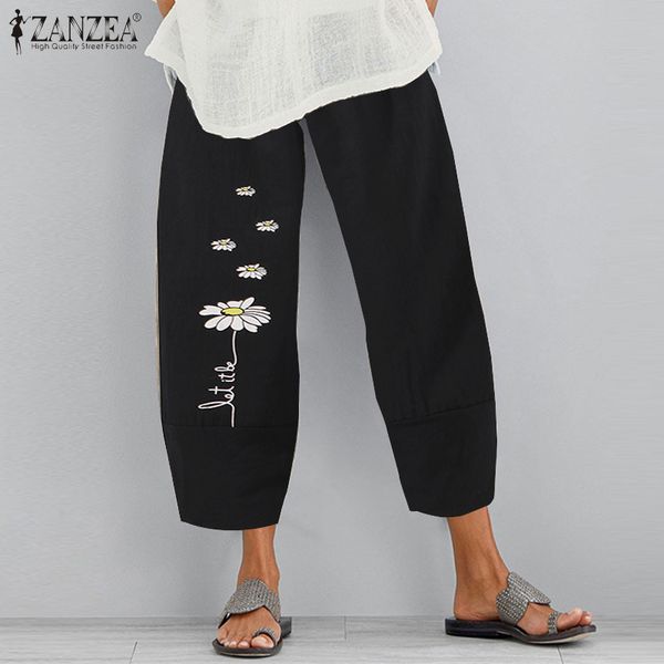 

women's cotton trousers zanzea 2020 stylish printed harem pants floral elastic waist long pantalon palazzo turnip plus size 5xl, Black;white
