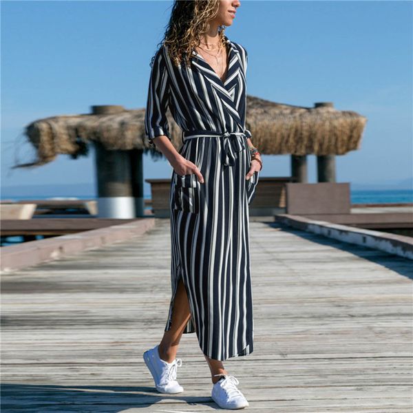 

summer dress women boho dresses woman party night elegant maxi stripe print split summer clothes for women vestidos belt, Black;gray