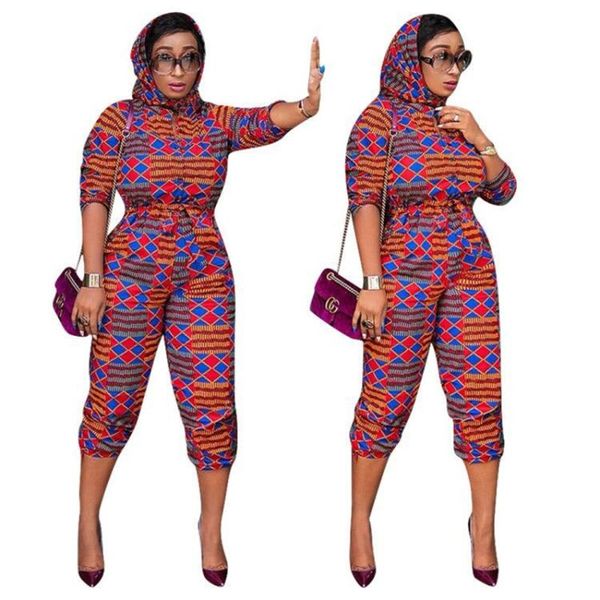 

2020 fashion printed african traditional clothes dashiki dress for women girls hooded slim waist bandage nigerian scarf jumpsuit, Red