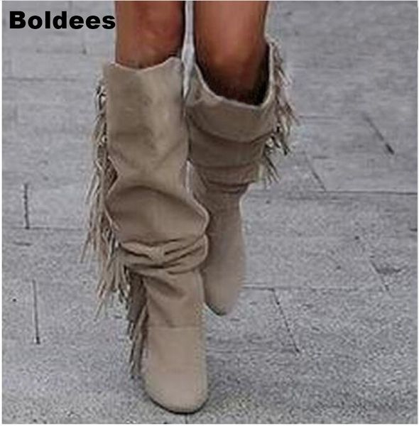 

fashion solid beige color real leather fringed knee high boots pointed toe side zipper high heels tassels boots women booties, Black