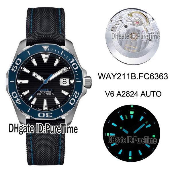 

new v6f eta a2824 automatic mens watch steel case blue ceramic bezel black texture dial black nylon blue line edition puretime g07, Slivery;brown