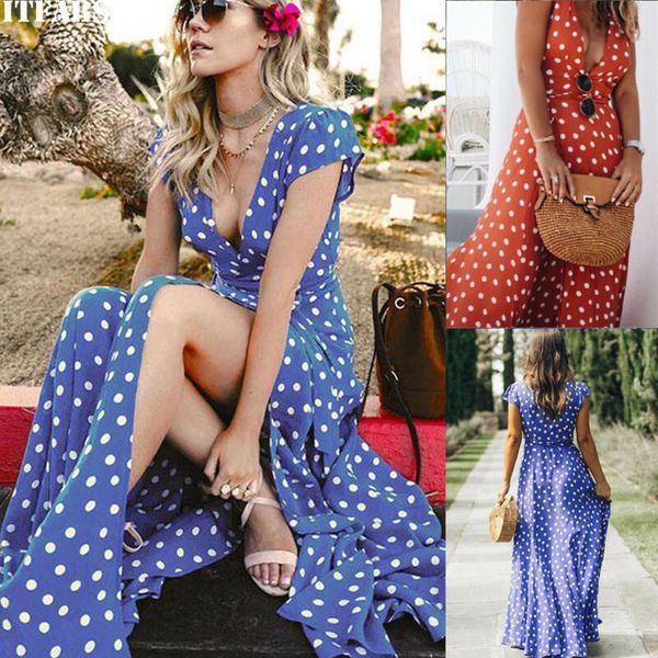 

2019 мода повседневная boho короткое платье женщины сексуальная v-образным вырезом пляж лето печатных точка макси платье, Black;gray