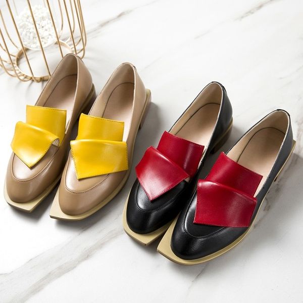 

womens match colors genuine leather square toe loafer creeper office career low chunky mid heel shoes new plus size c823, Black