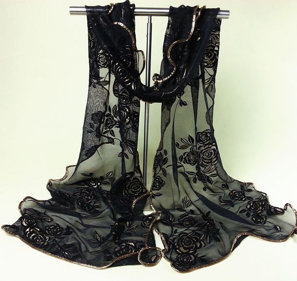 

black lace flower long soft scarf women fashion new wrap shawl stole spring autumn volie hijab wrap 180*43 cm, Blue;gray