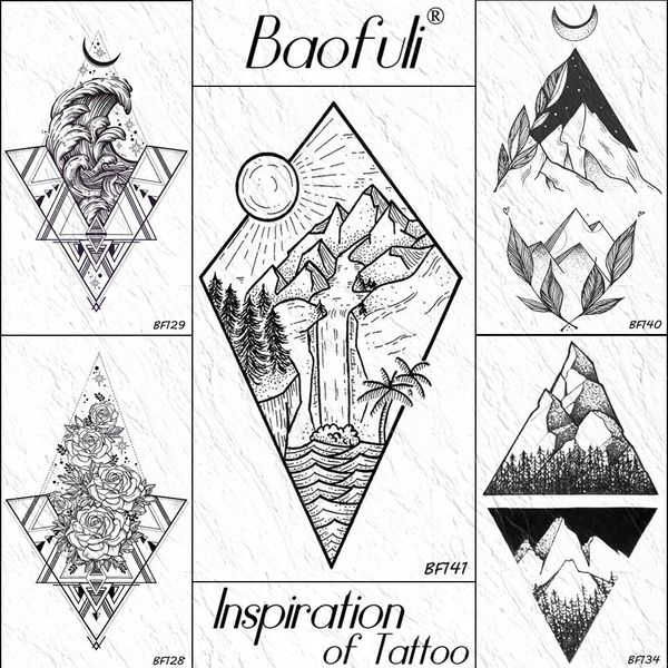Acheter Baofuli Diamant Soleil Montagne Océan Tatouages Temporaires Arbre De Noix De Coco Body Art Tatouage Noir Géométrique Faux Tatto Femmes