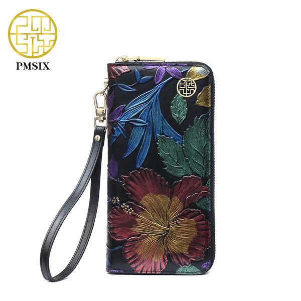 

pmsix 2019 new cowhide ladies genuine leather wallets embossed flower wristlet phone wallet women designer evening bags p410018 y190701, Red;black