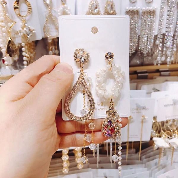 

mengjiqiao 2019 korean new elegant shiny rhinestone water drop crystal dangle earrings for women fashion boucle d'oreille gifts, Silver