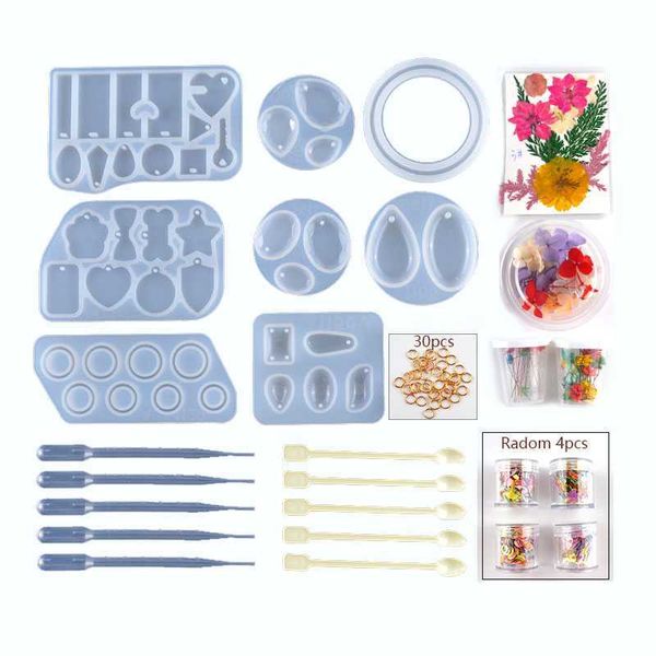 

74 pcs resin silicone molds jewelry tools dried flowers pendant molds set with a white bag for diy jewelry craft making