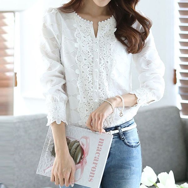 

women blouses casual white sweet elegant spring straight solid button hollow print embroidery female fashion retro shirts