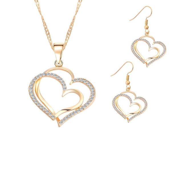 

romantic women jewelry sets crystal necklace earrings doubled love heart necklace earrings set stainless steel jewelry, Silver