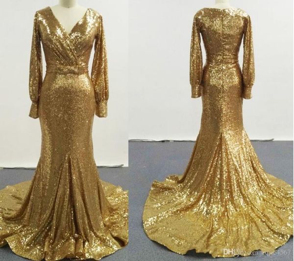 

2019 new gold elegant evening dresses v neckline with long sleeves ruche court train shiny pageant dresses vestidos de novia 2018, Black;red