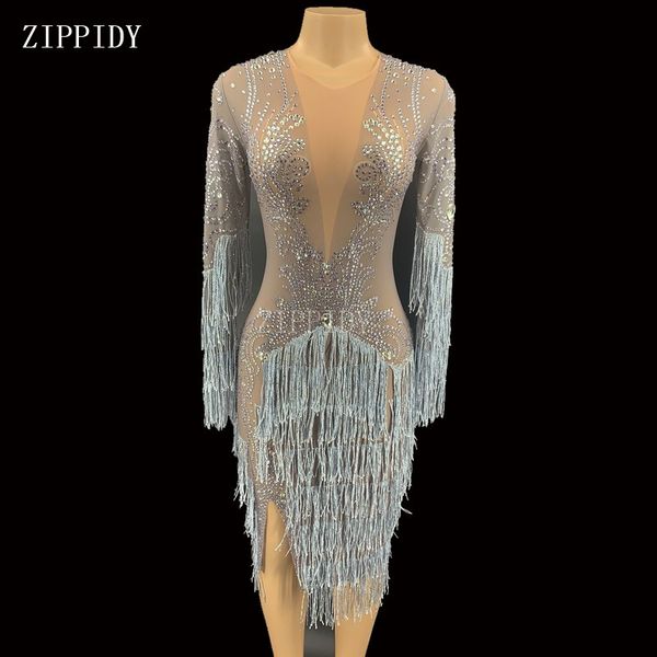 

fashion silver rhinestones fringes dress prom evening performance outfit singer dancer see through mesh dress tassel sexy, Black;red